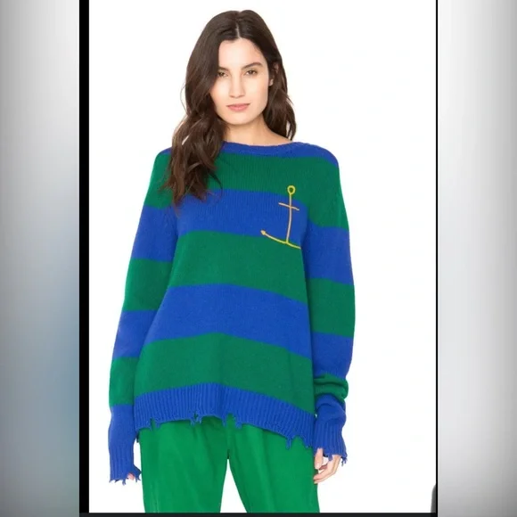 NEW Sandrine Rose Cashmere Sweater - Green and Blue Stripe Sz L - Picture 2 of 9